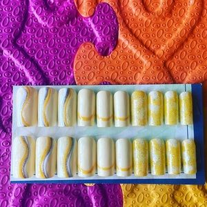 Handmade press on nails yellow swirls